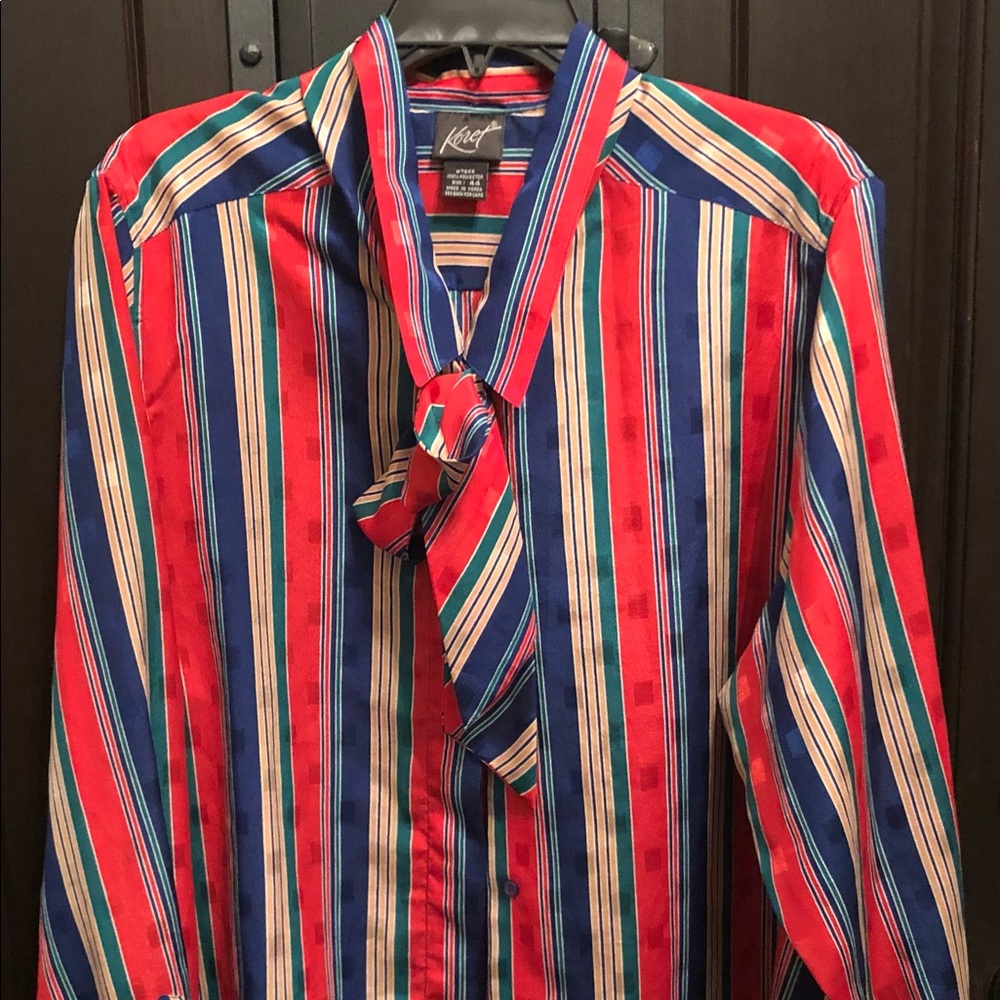 Striped Multi-colored silky blouse with accent tie.